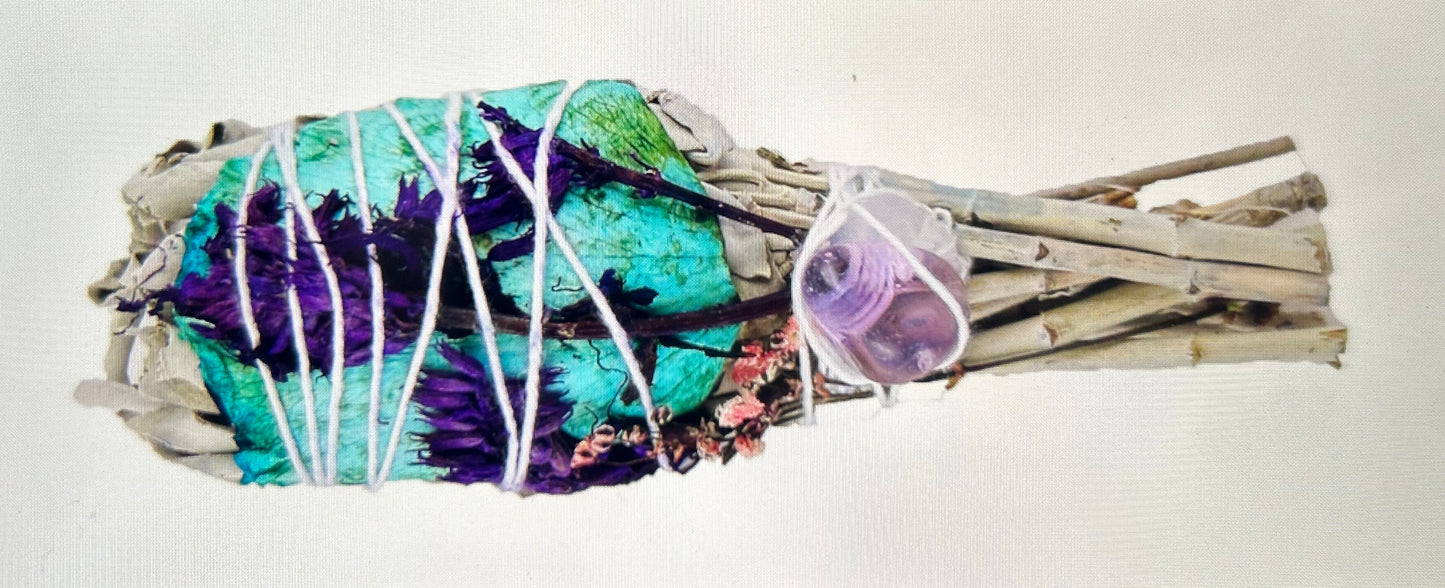 White Sage Torch w/ Lavender Rose Petals & Amethyst